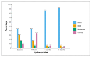 Figure showing distribution of hydrocephalus through 6 months follow-up.
