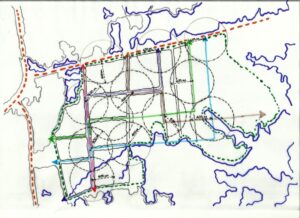 Proposed bus stops that cover most areas in 5 min walking distan